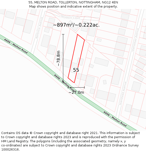 55, MELTON ROAD, TOLLERTON, NOTTINGHAM, NG12 4EN: Plot and title map