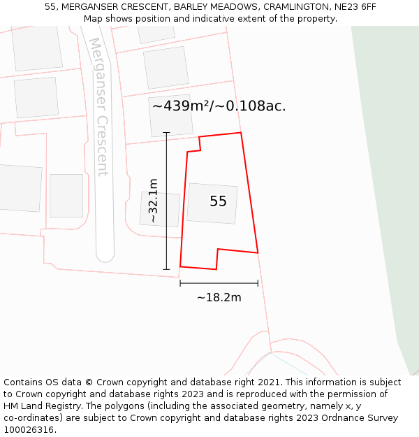 55, MERGANSER CRESCENT, BARLEY MEADOWS, CRAMLINGTON, NE23 6FF: Plot and title map