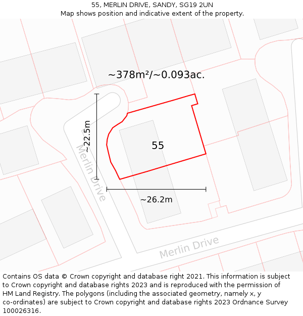 55, MERLIN DRIVE, SANDY, SG19 2UN: Plot and title map