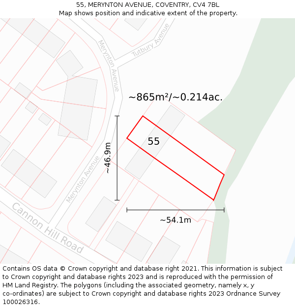 55, MERYNTON AVENUE, COVENTRY, CV4 7BL: Plot and title map