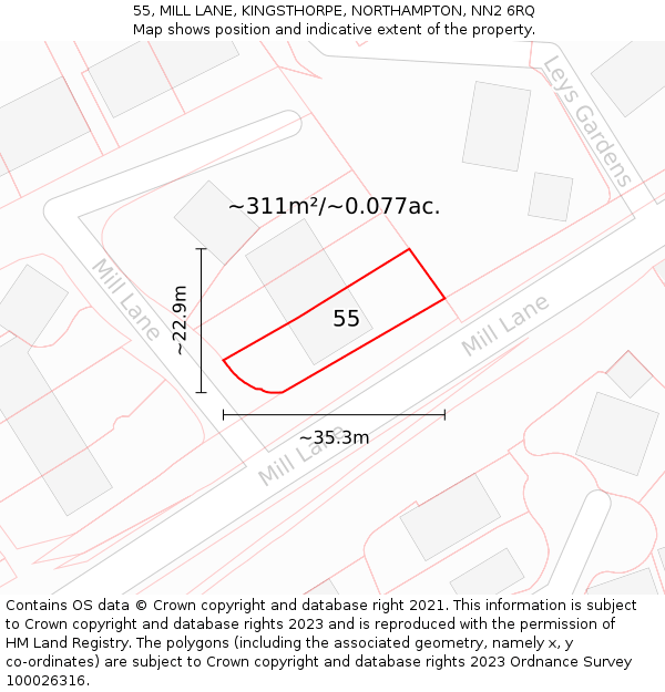 55, MILL LANE, KINGSTHORPE, NORTHAMPTON, NN2 6RQ: Plot and title map