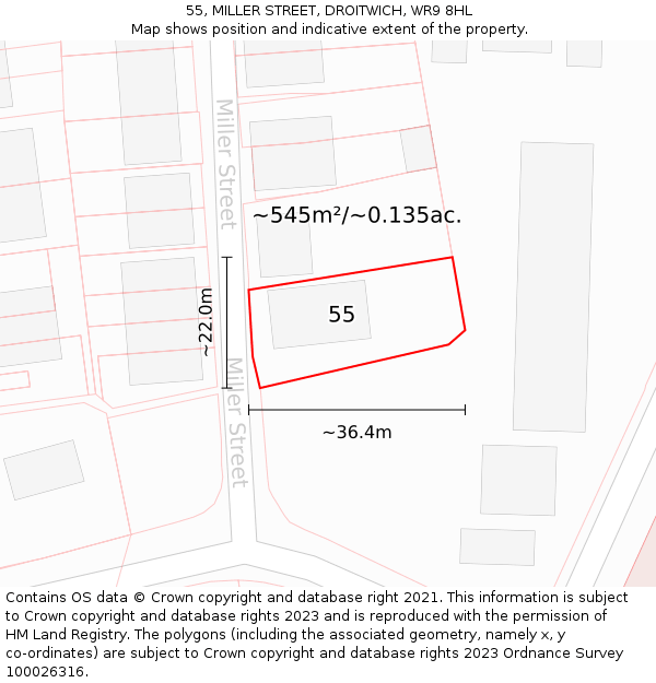 55, MILLER STREET, DROITWICH, WR9 8HL: Plot and title map
