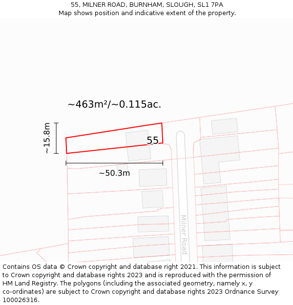 55, MILNER ROAD, BURNHAM, SLOUGH, SL1 7PA: Plot and title map