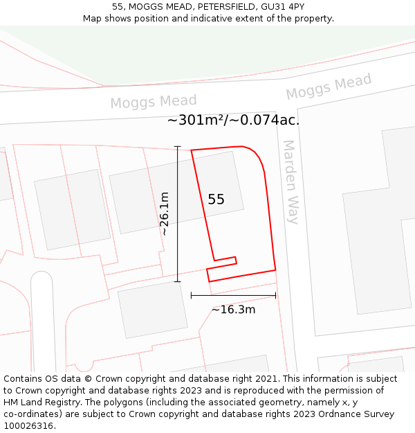 55, MOGGS MEAD, PETERSFIELD, GU31 4PY: Plot and title map
