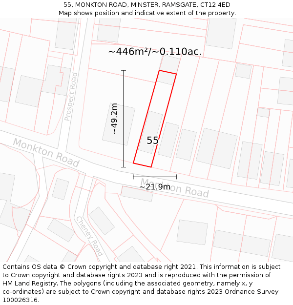 55, MONKTON ROAD, MINSTER, RAMSGATE, CT12 4ED: Plot and title map