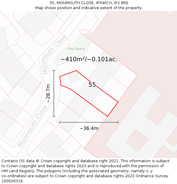 55, MONMOUTH CLOSE, IPSWICH, IP2 8RS: Plot and title map