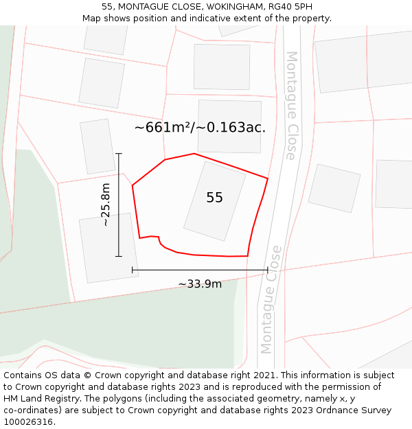 55, MONTAGUE CLOSE, WOKINGHAM, RG40 5PH: Plot and title map