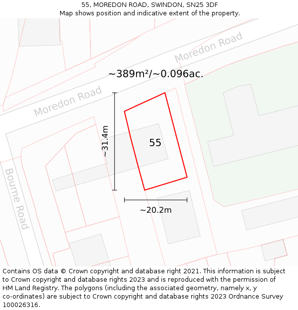 55, MOREDON ROAD, SWINDON, SN25 3DF: Plot and title map