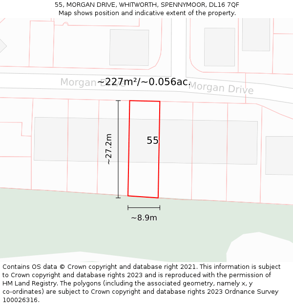 55, MORGAN DRIVE, WHITWORTH, SPENNYMOOR, DL16 7QF: Plot and title map