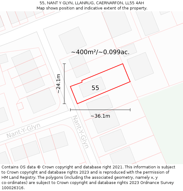 55, NANT Y GLYN, LLANRUG, CAERNARFON, LL55 4AH: Plot and title map