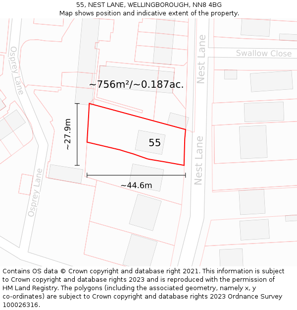 55, NEST LANE, WELLINGBOROUGH, NN8 4BG: Plot and title map