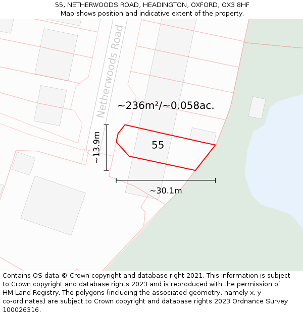 55, NETHERWOODS ROAD, HEADINGTON, OXFORD, OX3 8HF: Plot and title map