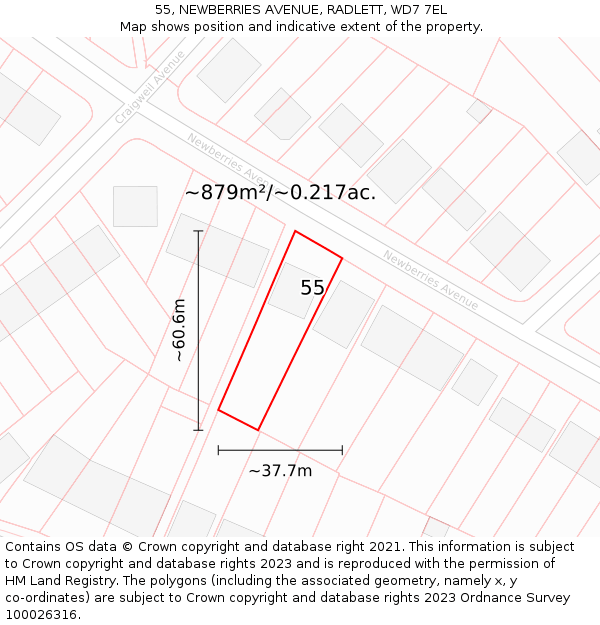 55, NEWBERRIES AVENUE, RADLETT, WD7 7EL: Plot and title map