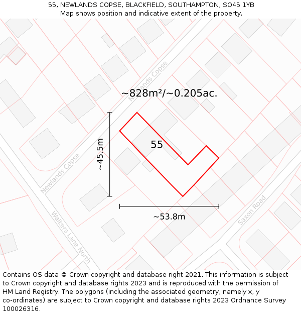 55, NEWLANDS COPSE, BLACKFIELD, SOUTHAMPTON, SO45 1YB: Plot and title map