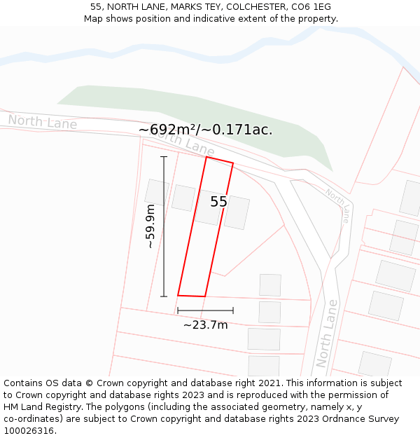 55, NORTH LANE, MARKS TEY, COLCHESTER, CO6 1EG: Plot and title map