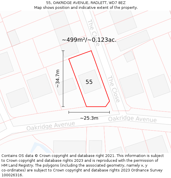 55, OAKRIDGE AVENUE, RADLETT, WD7 8EZ: Plot and title map