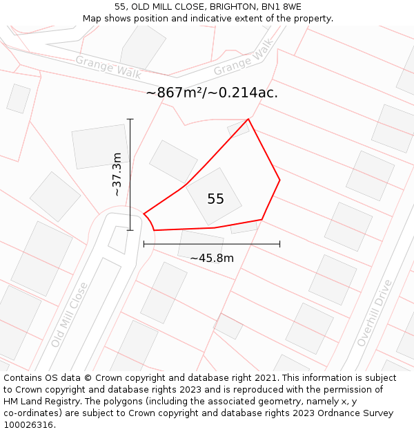 55, OLD MILL CLOSE, BRIGHTON, BN1 8WE: Plot and title map