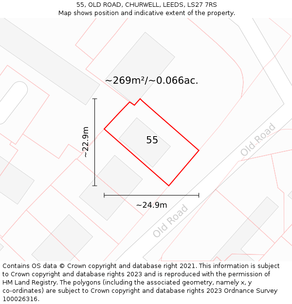 55, OLD ROAD, CHURWELL, LEEDS, LS27 7RS: Plot and title map