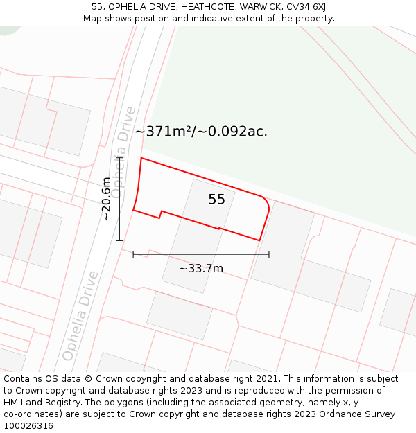 55, OPHELIA DRIVE, HEATHCOTE, WARWICK, CV34 6XJ: Plot and title map