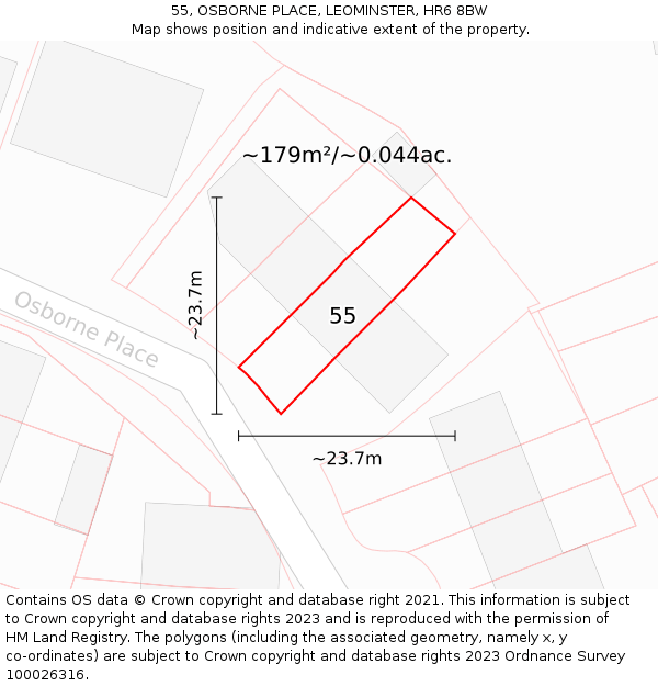 55, OSBORNE PLACE, LEOMINSTER, HR6 8BW: Plot and title map