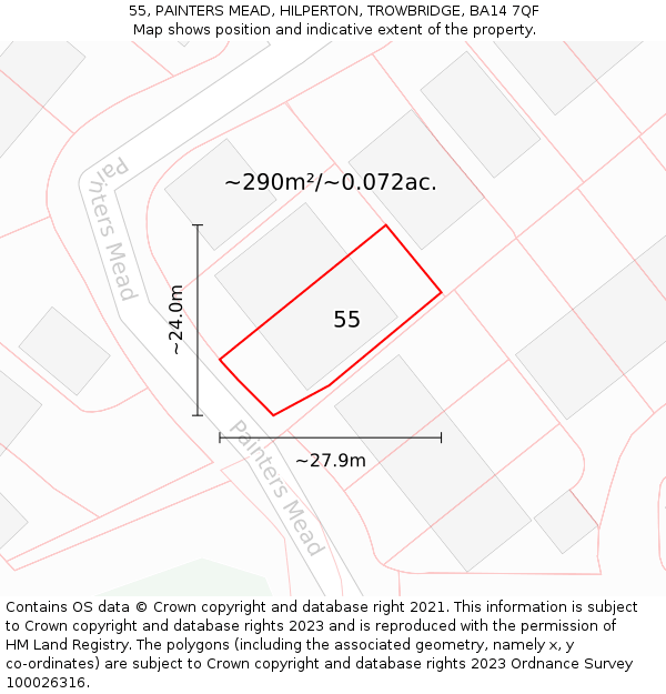 55, PAINTERS MEAD, HILPERTON, TROWBRIDGE, BA14 7QF: Plot and title map