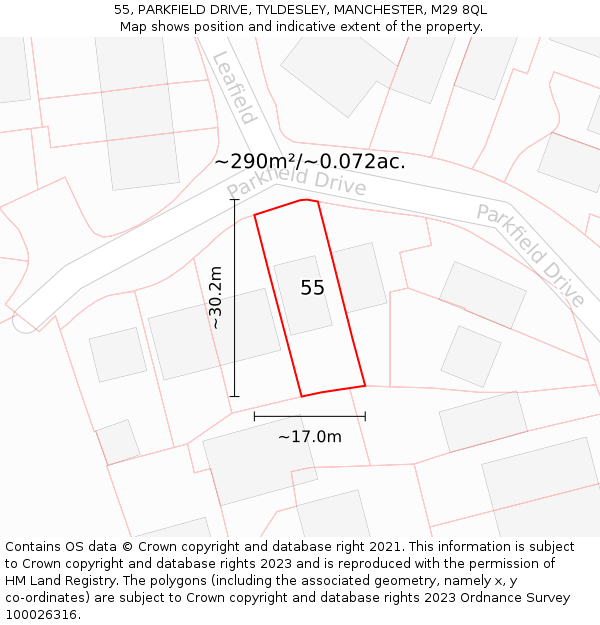 55, PARKFIELD DRIVE, TYLDESLEY, MANCHESTER, M29 8QL: Plot and title map