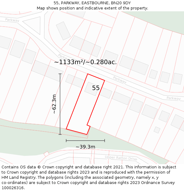 55, PARKWAY, EASTBOURNE, BN20 9DY: Plot and title map