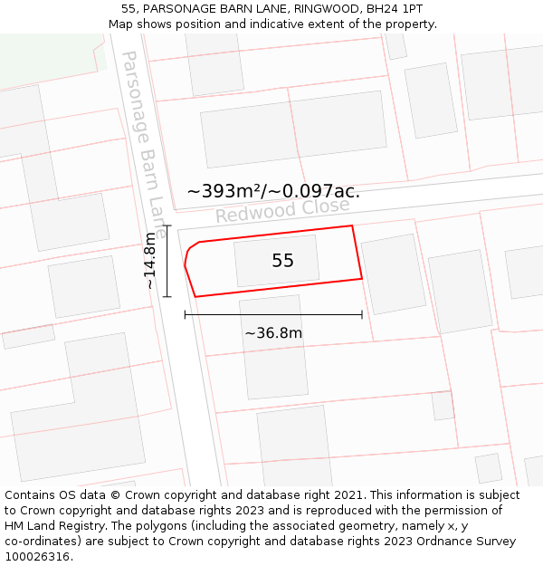 55, PARSONAGE BARN LANE, RINGWOOD, BH24 1PT: Plot and title map
