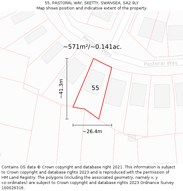 55, PASTORAL WAY, SKETTY, SWANSEA, SA2 9LY: Plot and title map