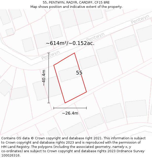 55, PENTWYN, RADYR, CARDIFF, CF15 8RE: Plot and title map