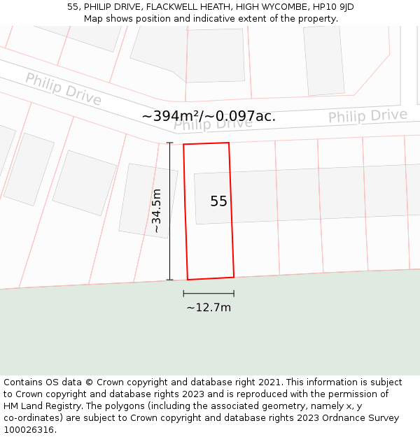 55, PHILIP DRIVE, FLACKWELL HEATH, HIGH WYCOMBE, HP10 9JD: Plot and title map