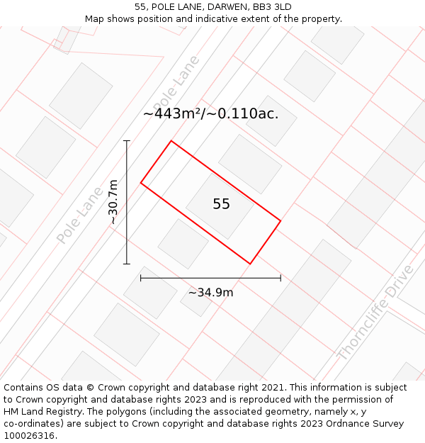 55, POLE LANE, DARWEN, BB3 3LD: Plot and title map