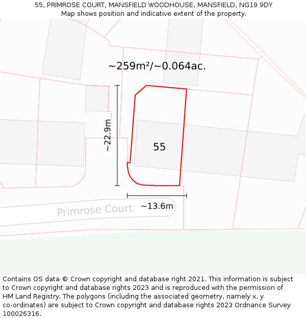 55, PRIMROSE COURT, MANSFIELD WOODHOUSE, MANSFIELD, NG19 9DY: Plot and title map