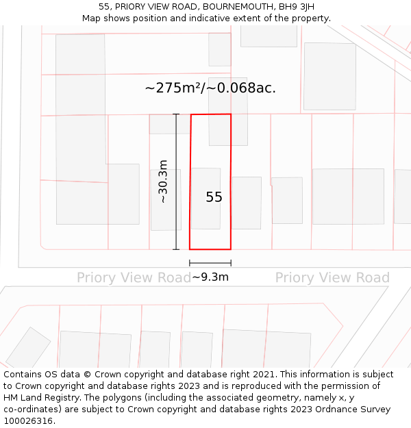 55, PRIORY VIEW ROAD, BOURNEMOUTH, BH9 3JH: Plot and title map