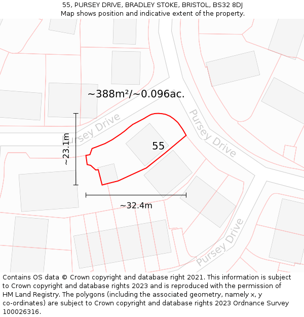 55, PURSEY DRIVE, BRADLEY STOKE, BRISTOL, BS32 8DJ: Plot and title map