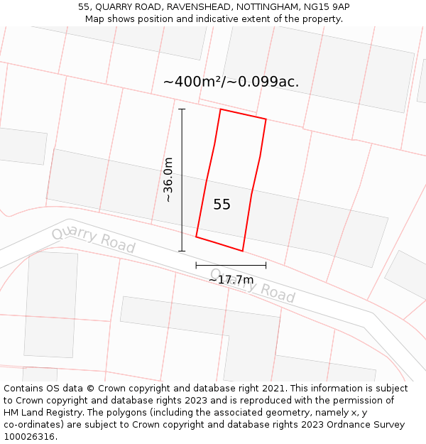 55, QUARRY ROAD, RAVENSHEAD, NOTTINGHAM, NG15 9AP: Plot and title map