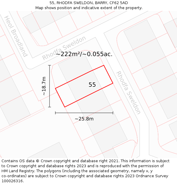 55, RHODFA SWELDON, BARRY, CF62 5AD: Plot and title map