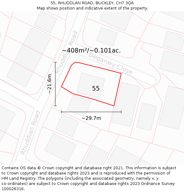 55, RHUDDLAN ROAD, BUCKLEY, CH7 3QA: Plot and title map