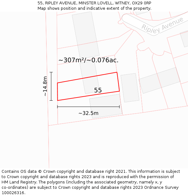 55, RIPLEY AVENUE, MINSTER LOVELL, WITNEY, OX29 0RP: Plot and title map