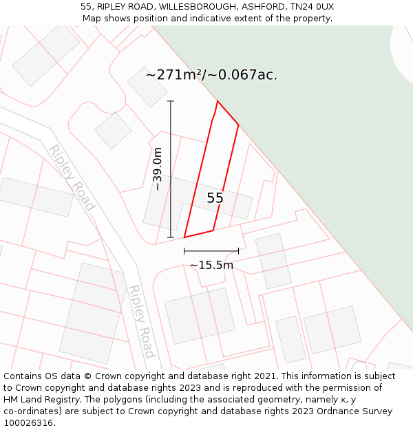 55, RIPLEY ROAD, WILLESBOROUGH, ASHFORD, TN24 0UX: Plot and title map