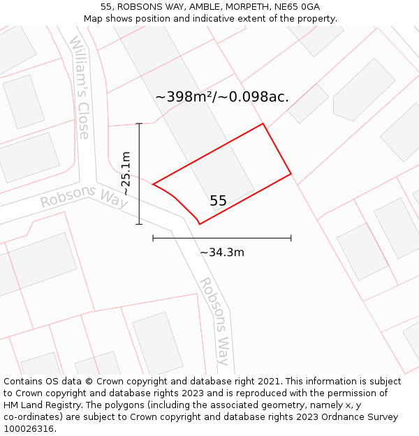 55, ROBSONS WAY, AMBLE, MORPETH, NE65 0GA: Plot and title map