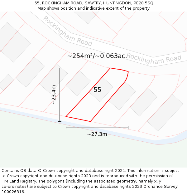 55, ROCKINGHAM ROAD, SAWTRY, HUNTINGDON, PE28 5SQ: Plot and title map