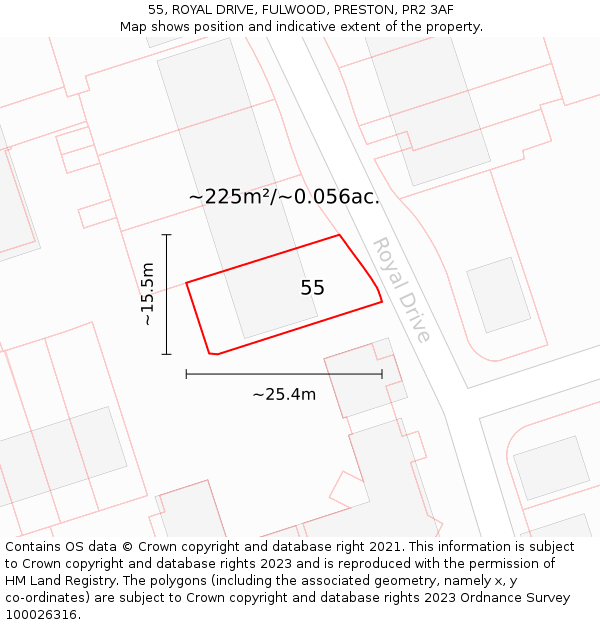 55, ROYAL DRIVE, FULWOOD, PRESTON, PR2 3AF: Plot and title map