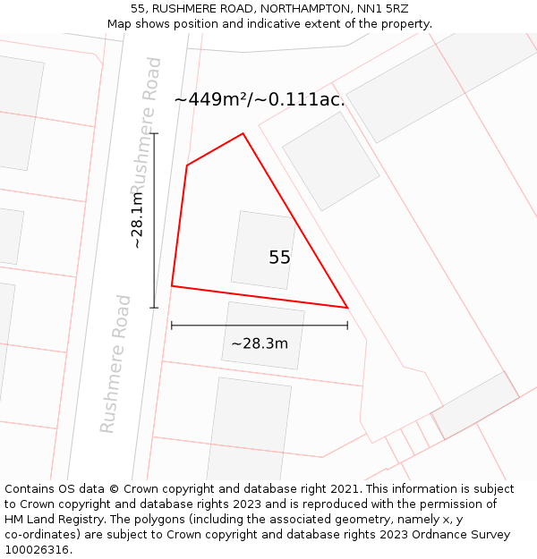 55, RUSHMERE ROAD, NORTHAMPTON, NN1 5RZ: Plot and title map