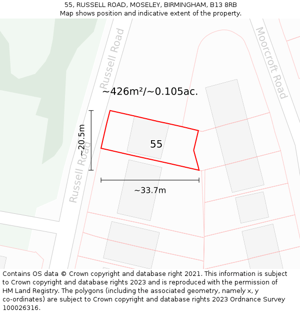 55, RUSSELL ROAD, MOSELEY, BIRMINGHAM, B13 8RB: Plot and title map