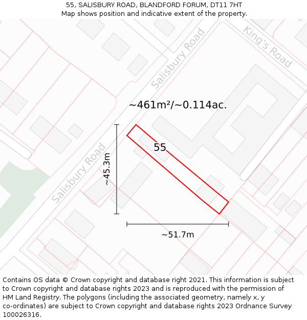 55, SALISBURY ROAD, BLANDFORD FORUM, DT11 7HT: Plot and title map