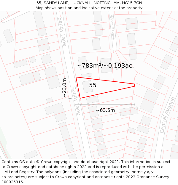 55, SANDY LANE, HUCKNALL, NOTTINGHAM, NG15 7GN: Plot and title map