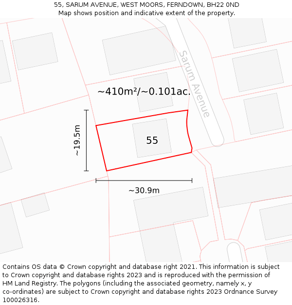 55, SARUM AVENUE, WEST MOORS, FERNDOWN, BH22 0ND: Plot and title map