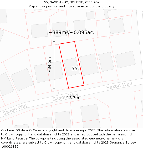 55, SAXON WAY, BOURNE, PE10 9QY: Plot and title map