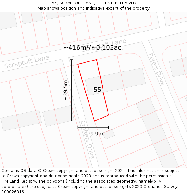 55, SCRAPTOFT LANE, LEICESTER, LE5 2FD: Plot and title map